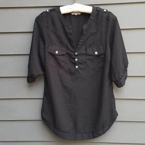 Hawthorne Black Sheer Rushed Short Sleeves Blouse Size Medium